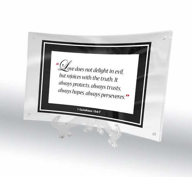 1 Corinthians 13:6-7 in curved acrylic frame